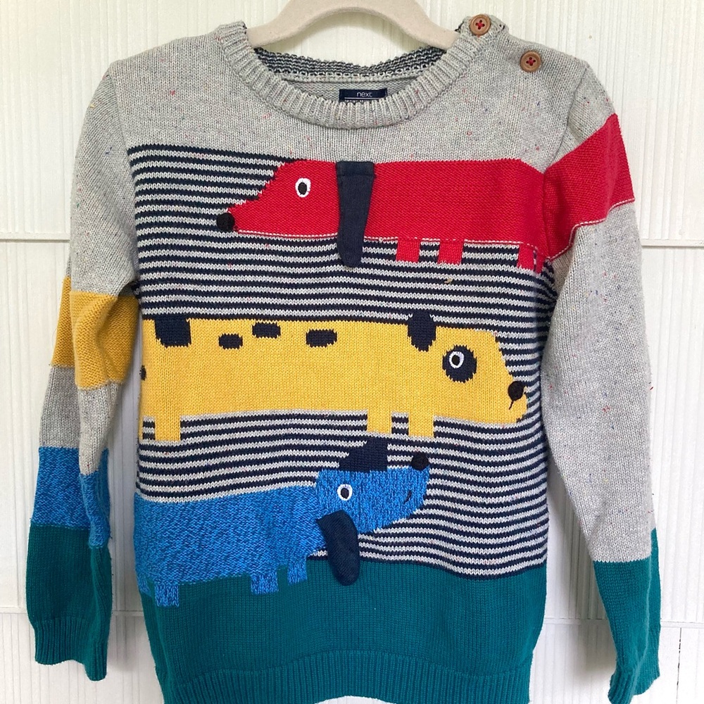 NEXT Kids Sweater with Red, Yellow, & Blue wiener dogs — dimensional ears!